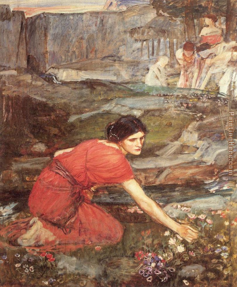 Maidens picking Flowers by a Stream Study painting - John William Waterhouse Maidens picking Flowers by a Stream Study art painting
